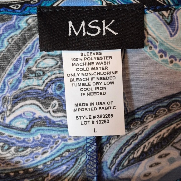 MSK Dress Women L Blue Paisley Midi 3/4 Bell Sleeve Stretch Knit Pullover USA - Picture 2 of 7